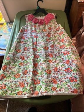 Sleeveless Girls Pineapple & Floral Dress with Pink Rosette Neckline